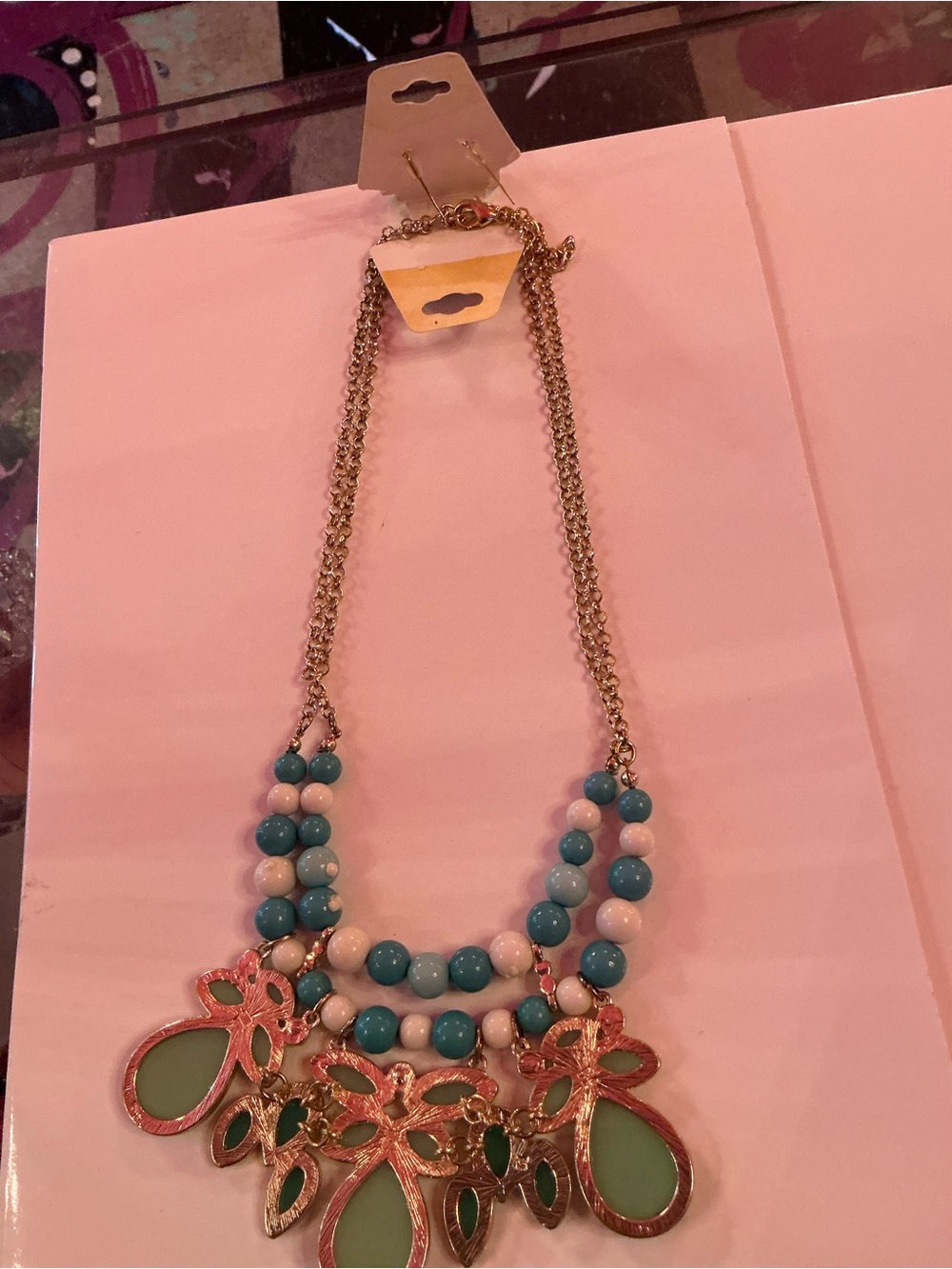 Statement Floral Pendant Necklace - Blue, Green & Pink Beads